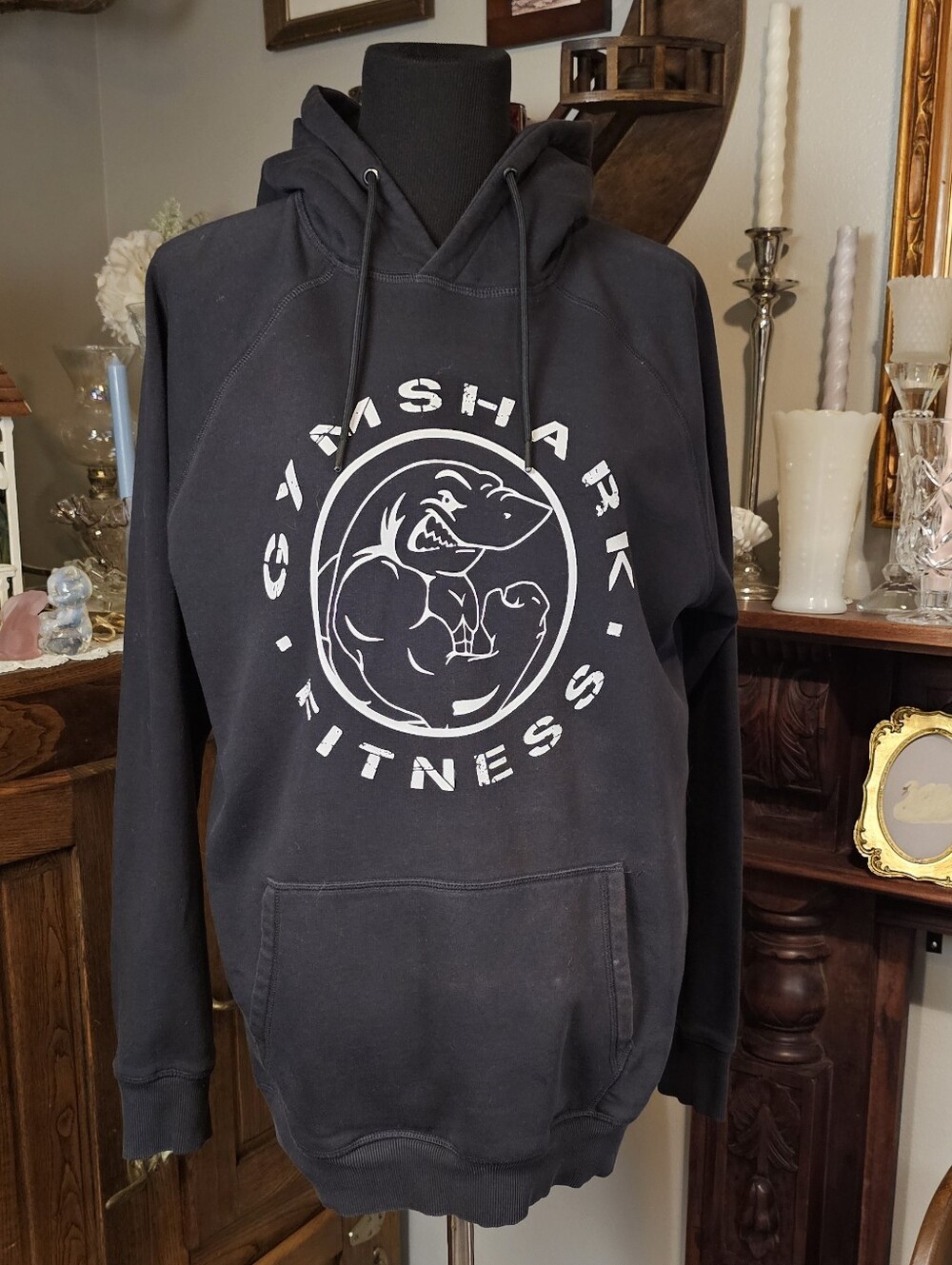 Gymshark Shark Fitness Logo Hoodie Black Pullover Large Gym Workout